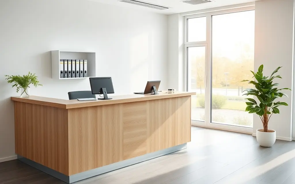 Leerer Empfang einer Praxis: ein Tresen aus hellem Holz mit Bildschirm und Laptop, dahinter ein Wandregal mit Ordnern, rechts ein großes Fenster und eine Zimmerpflanze.